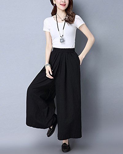 Cintura Elástica Pantalones Anchos Plisados para Mujer Negro S