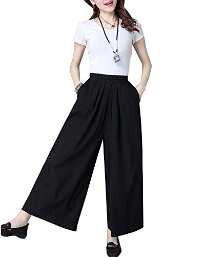 Cintura Elástica Pantalones Anchos Plisados para Mujer Negro S