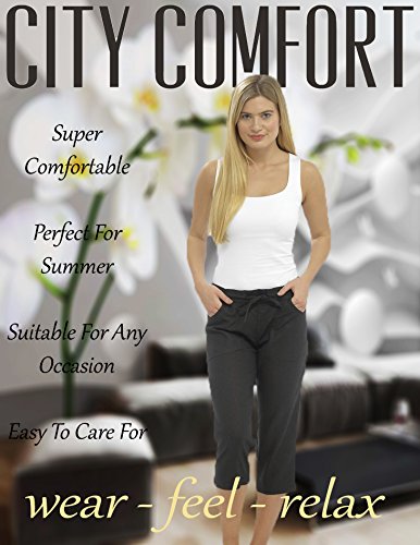CityComfort Ladies Lino Pantalones Casual Holiday Elasticated Waist Womens Summer Pantalones Pantalones Cortos recortados con Bolsillos (24, Negro Recortada 3/4)