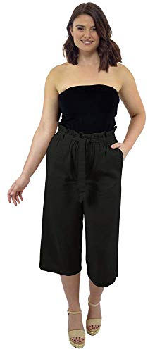 CityComfort Pantalones de Lino para el Verano, 3/4 de Longitud | Pantalón de Traje de Fiesta para Mujeres | Cintura Alta a la Moda con Lazo y Pliegues | Tamaños Variados (44, Negro)