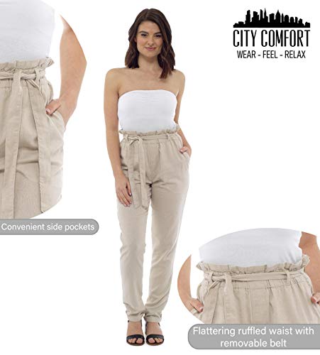 CityComfort Pantalones de Lino para Mujer | Traje de Verano para Las Mujeres con Cintura de Bolsa de Papel de Moda | Reino Unido 38 a 52 Pantalones de Talla Grande para Mujeres (46, Beige)