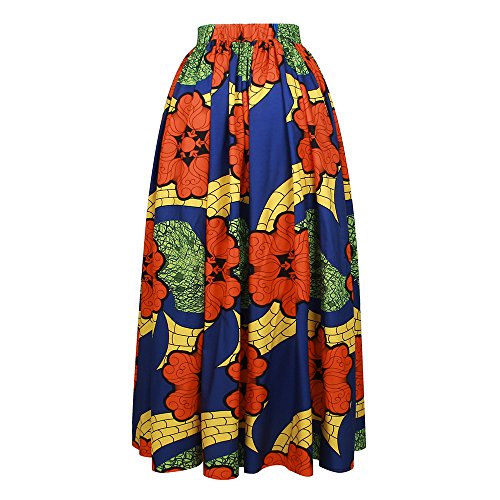 CLOCOLOR Falda Larga Plisada Encaje con Estampado Exótico Africano para Mujer Talla Grande Casual Cintura Alta Falda Vintage Longitud Maxi con Bolsillo, Naranja XL (Cintura 78cm)