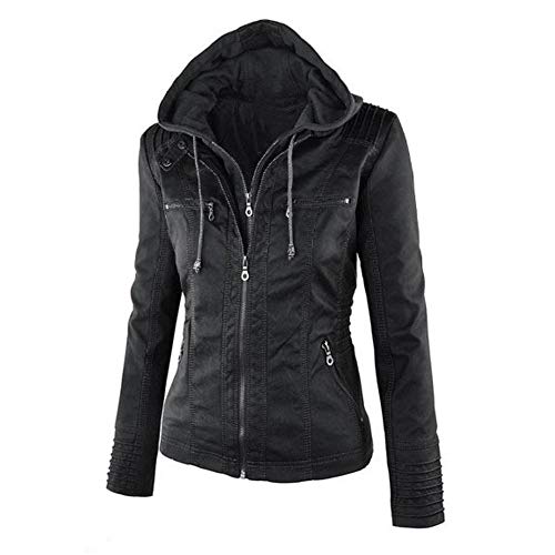 CNBOY Mujer Cazadoras Polipiel Chaqueta Mujeres, Invierno Cremallera Jackets Chaquetas Deportiva Cuero Moto Cazadoras Imitacion Piel Biker Abrigos con Capucha (Negro, XXL)
