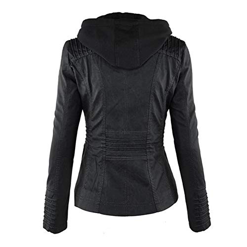 CNBOY Mujer Cazadoras Polipiel Chaqueta Mujeres, Invierno Cremallera Jackets Chaquetas Deportiva Cuero Moto Cazadoras Imitacion Piel Biker Abrigos con Capucha (Negro, XXL)