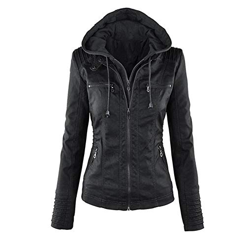 CNBOY Mujer Cazadoras Polipiel Chaqueta Mujeres, Invierno Cremallera Jackets Chaquetas Deportiva Cuero Moto Cazadoras Imitacion Piel Biker Abrigos con Capucha (Negro, XXL)