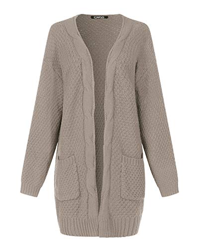 CNFIO Mujeres Cárdigans Chaqueta De Punto Jersey De Suelta Punto Frente Abierto con El Bolsillo (Caqui-Nueva, S)
