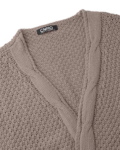 CNFIO Mujeres Cárdigans Chaqueta De Punto Jersey De Suelta Punto Frente Abierto con El Bolsillo (Caqui-Nueva, S)