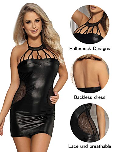 comeondear Vestido de Cuero Ajustado Corto Lencería Babydoll Halter sin Tirantes Ropa Erótica Mujer Cuero Sexy