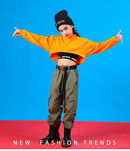 Conjunto de 3 Piezas Ropa de Hip Hop para niñas Elegante Traje de Baile Callejero, Chaleco, Camiseta, Pantalones Cargo, Naranja, 160