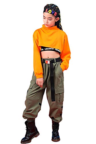 Conjunto de 3 Piezas Ropa de Hip Hop para niñas Elegante Traje de Baile Callejero, Chaleco, Camiseta, Pantalones Cargo, Naranja, 160