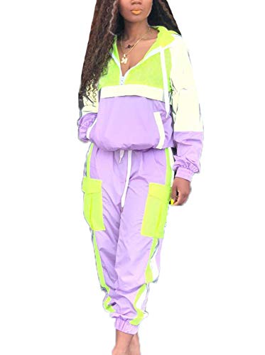 Conjunto de Dos Piezas Reflectante para Mujer Top y Pantalones Ajustados con cordón Colorblock Chándal Hip Hop Traje de chándal