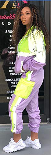 Conjunto de Dos Piezas Reflectante para Mujer Top y Pantalones Ajustados con cordón Colorblock Chándal Hip Hop Traje de chándal