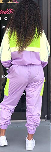 Conjunto de Dos Piezas Reflectante para Mujer Top y Pantalones Ajustados con cordón Colorblock Chándal Hip Hop Traje de chándal
