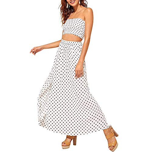 Conjunto de falda de dos piezas para mujer, con diseño de lunares, tubo, falda, chaleco, falda de playa, vestido de verano, falda plisada Blanco L