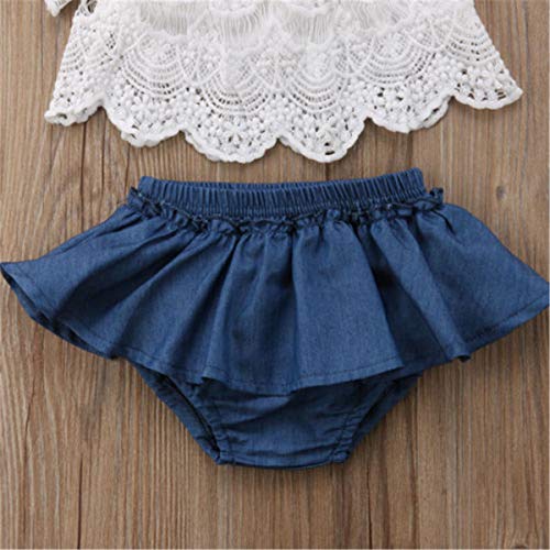 Conjunto de ropa de bebé de verano de 2 piezas, camiseta cuello de barco con encaje + falda pantalón corto con elástico casual, bonito 0 – 24 meses blanco y azul. 2-3 Años