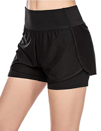 COOrun Pantalones cortos 2 en 1 para mujer, para correr, gimnasio, fitness, jogging Negro XXL