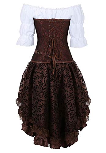 Corset Steampunk Mujer Bustier Sexy gotico Pirata Bordado Cuero Corsé y Falda Tutú Vestidos Tul y Blanco Blusa Fiesta Marrón XL