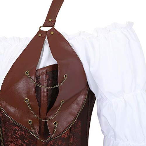 Corset Steampunk Mujer Bustier Sexy gotico Pirata Bordado Cuero Corsé y Falda Tutú Vestidos Tul y Blanco Blusa Fiesta Marrón XL