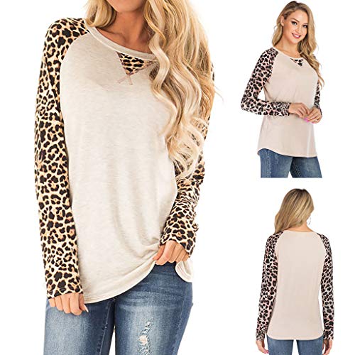COZOCO Camisa Casual De Mujer con Estampado De Leopardo Camisa De Manga Larga De Empalme Camiseta Suelta