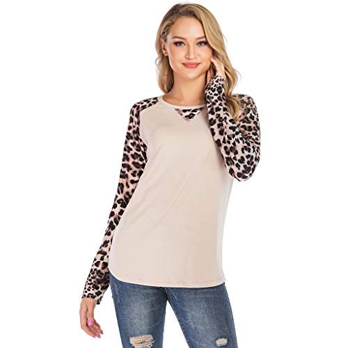 COZOCO Camisa Casual De Mujer con Estampado De Leopardo Camisa De Manga Larga De Empalme Camiseta Suelta