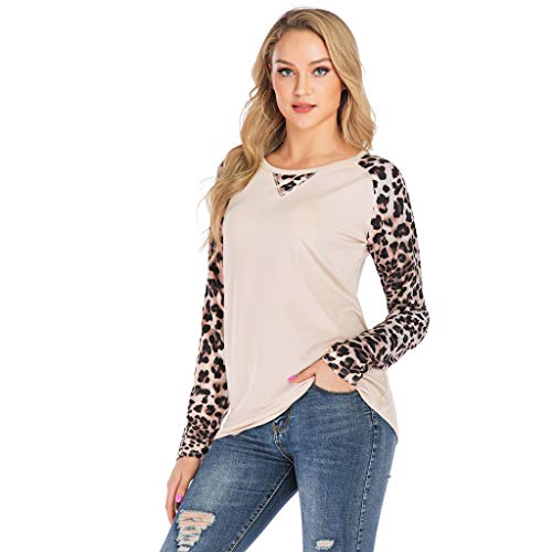COZOCO Camisa Casual De Mujer con Estampado De Leopardo Camisa De Manga Larga De Empalme Camiseta Suelta