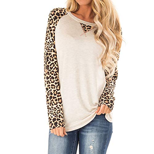 COZOCO Camisa Casual De Mujer con Estampado De Leopardo Camisa De Manga Larga De Empalme Camiseta Suelta