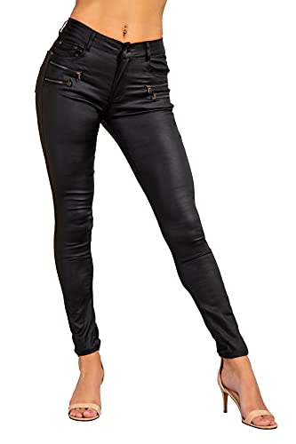 Crazy Lover Mujer Sexy Leggins Cuero con Bolsillo Skinny Elástico Pantalón | Leggings De Motorista con Apariencia De Cuero Y Cintura Baja con Estilo Ajustado Y Sexy para Damas | Negro 2, Tamaño: 40