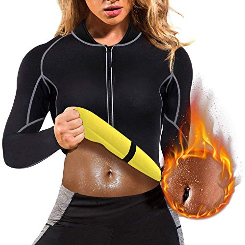 CRMY Traje de Sauna para Adelgazar con Sudor para Mujer, Camisa de Entrenamiento de Neopreno, Moldeador de Cuerpo, Cremallera, Chaqueta Delgada para Fitness, Fajas de Manga Larga (Size : M)