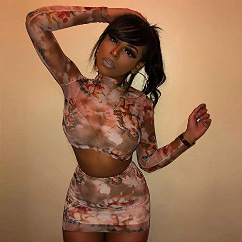 Crop-Top Transparente Mujer Sexy Camiseta de Manga Larga/Corta con Ángeles Impresos Top Corto Camisola Vestido Slim Chic Clubwear Casual Noche (Traje Marrón, M)