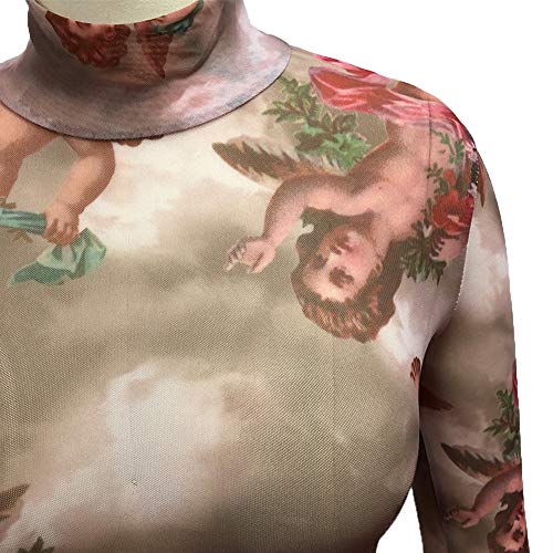 Crop-Top Transparente Mujer Sexy Camiseta de Manga Larga/Corta con Ángeles Impresos Top Corto Camisola Vestido Slim Chic Clubwear Casual Noche (Traje Marrón, M)