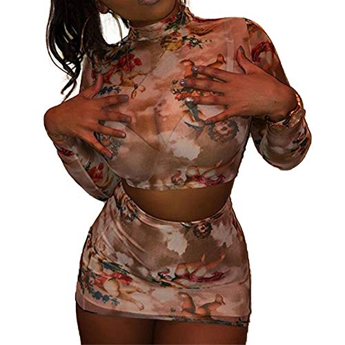 Crop-Top Transparente Mujer Sexy Camiseta de Manga Larga/Corta con Ángeles Impresos Top Corto Camisola Vestido Slim Chic Clubwear Casual Noche (Traje Marrón, M)