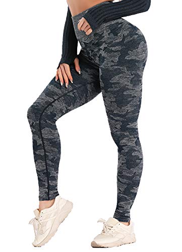 CROSS1946 - Chándal para mujer, camiseta de manga larga y leggings push up Pantalón azul camuflaje. S