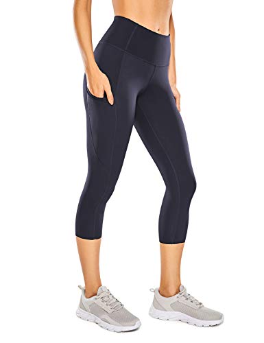 CRZ YOGA Mujer Cintura Alta Leggings Deportivas Fitness Running Pantalones Capri con Bolsillos -48cm Azul Marino -R432 44