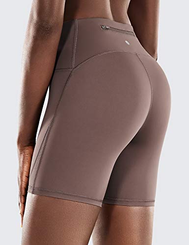 CRZ YOGA Pantalón Corto para Mujer Malla Shorts con Bolsillo Cremallera - 15cm Taupe Morado 44