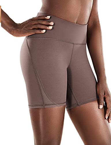 CRZ YOGA Pantalón Corto para Mujer Malla Shorts con Bolsillo Cremallera - 15cm Taupe Morado 44