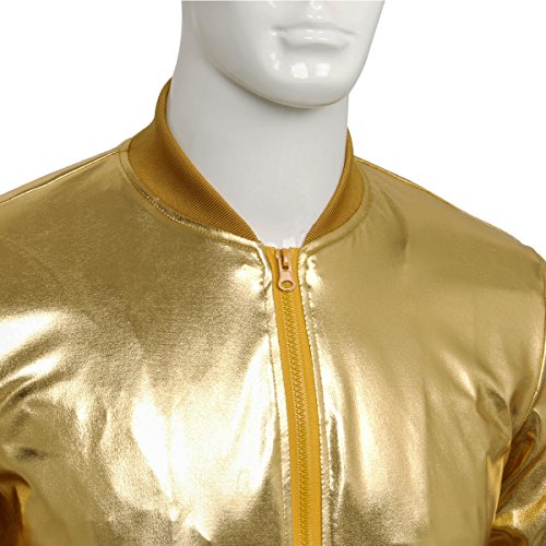 CUSFULL Hombres Béisbol Varsity Bomber Chaqueta Chaqueta de Cremallera Frontal Metalizado Casual Slim Fit Chaqueta para Party Dance Nightclub Danza Fiesta Nocturna Fiesta de Navidad etc (XXL, Dorado)