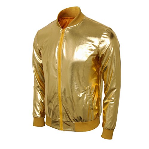 CUSFULL Hombres Béisbol Varsity Bomber Chaqueta Chaqueta de Cremallera Frontal Metalizado Casual Slim Fit Chaqueta para Party Dance Nightclub Danza Fiesta Nocturna Fiesta de Navidad etc (XXL, Dorado)