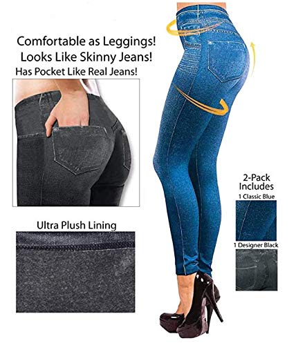 Dabuty Online, S.L. 2Pcs Leggings Vaqueros Pantalones Elásticos para Mujer Azul y Negro Leggins Jeggings (M/L)