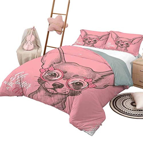 DayDayFun Juego de edredón para sofá Cama Funda de edredón para Perros con patrón Chica Chihuahua Dibujo Ilustración con Cita Moda Gafas Cintas Cachorro Tamaño Completo Rosa pálido Verde Militar