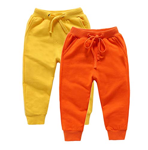 DCUTERQ Pantalones Deportivos para Niños Niñas Pantalón Largos Elástico Cintura Pantalones de Chándal Joggers Algodón para Bebé Paquete de 2 Amarillo Naranja 4-5 Años