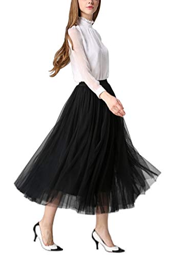 DEBAIJIA Falda Larga De Tul Plisada Tutu Malla De Noche Fiesta Moda Cintura Elástica para Mujer - Negro