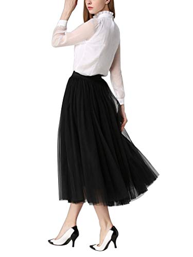 DEBAIJIA Falda Larga De Tul Plisada Tutu Malla De Noche Fiesta Moda Cintura Elástica para Mujer - Negro