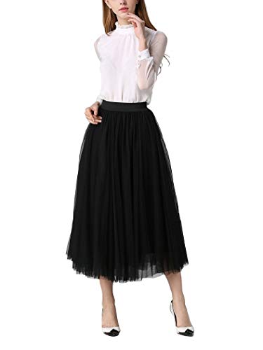 DEBAIJIA Falda Larga De Tul Plisada Tutu Malla De Noche Fiesta Moda Cintura Elástica para Mujer - Negro