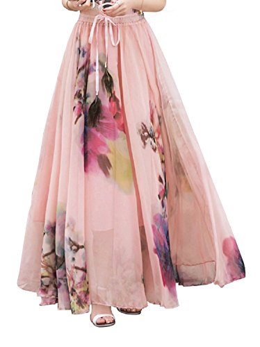 DEBAIJIA Falda Larga Mujer Maxi Bohemia Playa Vacaciones Gasa con Estampado Floral Talla Grande Cintura Elástica Rosa Claro - M