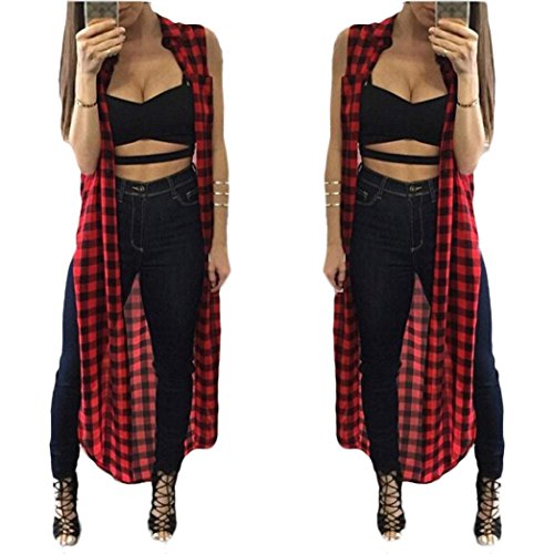 DEELIN Camisa Sin Mangas Larga De La Tela Escocesa Roja De La Manera De Las Mujeres Camisa Chaqueta Superior De La Rebeca del Verano (XL, Rojo)