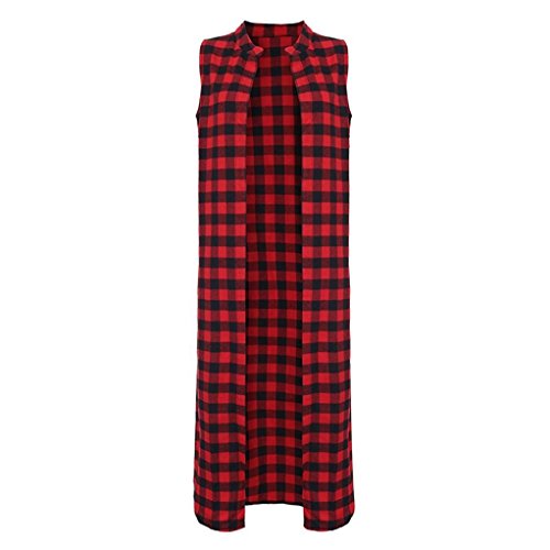 DEELIN Camisa Sin Mangas Larga De La Tela Escocesa Roja De La Manera De Las Mujeres Camisa Chaqueta Superior De La Rebeca del Verano (XXL, Rojo)