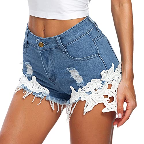 DELEY Mujeres Encaje De Ganchillo De La Borla Cintura Alta Pantalones Cortos Vintage Denim Shorts Vaqueros Playa Pants Azul Tamaño 2XL