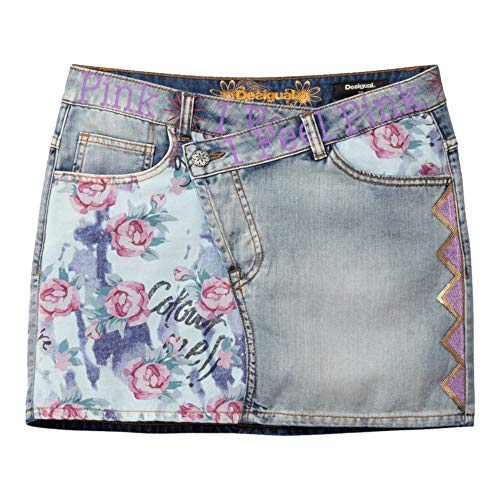 Desigual Miniskirt Roses Falda, Azul (Denim Bleach Soft 5163), 32 (Talla del Fabricante: 24) para Mujer