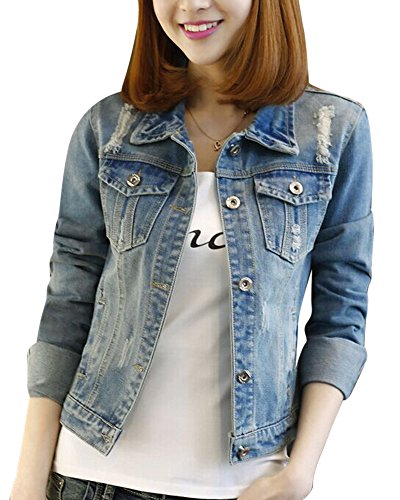 DianShao Mujer Slim Fit Cazadora Vaquera Parches Casual Corto Chaqueta Denim M