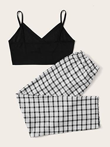 DIDK Conjunto de camiseta y pantalones para mujer de 2 piezas, tirantes finos, parte superior de camisola, pantalones a cuadros con lazo, traje de casa, conjunto de 2 piezas negro blanco L